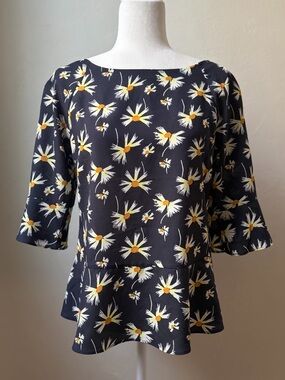 Banana Republic Daisy Print Peplum Blouse Navy Boat Neck Top XS